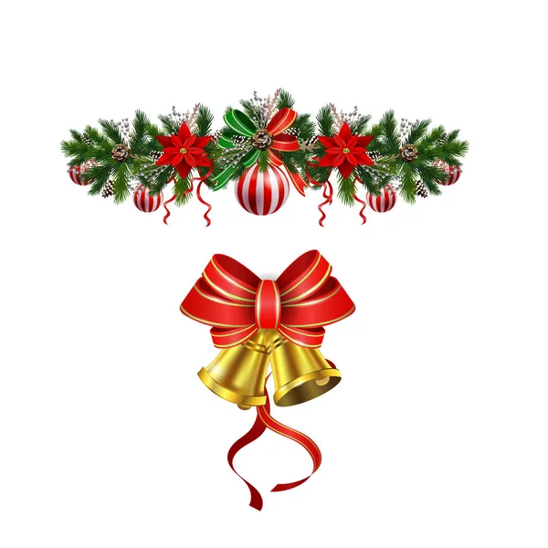 Set Decorazione Natale Con Pigne Sempreverdi Treess Poinsettia Vettore Isolato — Vettoriale Stock