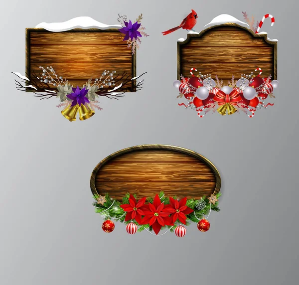 Vektor Realistische Illustration Der Hölzernen Weihnachtsplatte Set Mit Weihnachtsbaum Kardinalvogel — Stockvektor