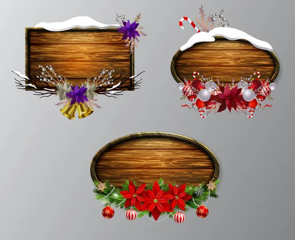 Vektor Realistische Illustration Der Hölzernen Weihnachtsplatte Mit Weihnachtsbaum Und Dekorationen — Stockvektor