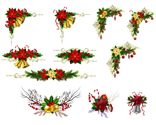 Decoração Natal Conjunto Com Cones Pinheiro Treess Evergreen Poinsettia Isolado —  Vetores de Stock