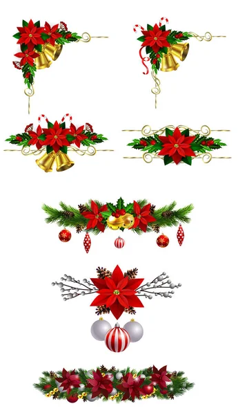 Kerstdecoratie Set Met Groenblijvende Treess Dennenappels Poinsettia Geïsoleerde Vector — Stockvector