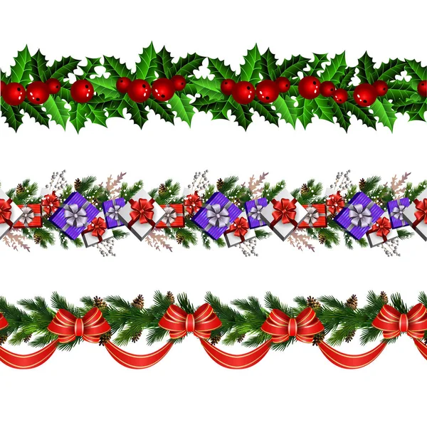 Kerst Decoratie Collectie Met Groenblijvende Treess Holly Vector Naadloze — Stockvector