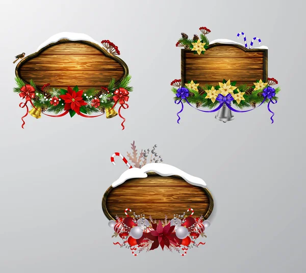 Vetor Ilustração Realista Madeira Placa Natal Conjunto Com Árvore Natal — Vetor de Stock