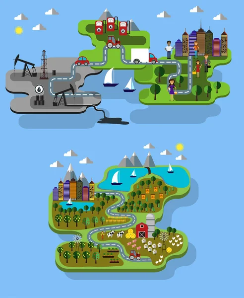 Granja urbana y extracción de petróleo — Vector de stock