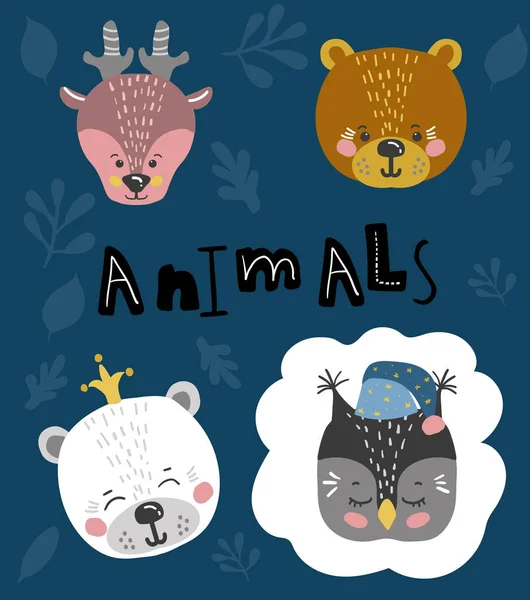 Desenhos animados bonitos pequenos animais Impressão infantil para berçário —  Vetores de Stock