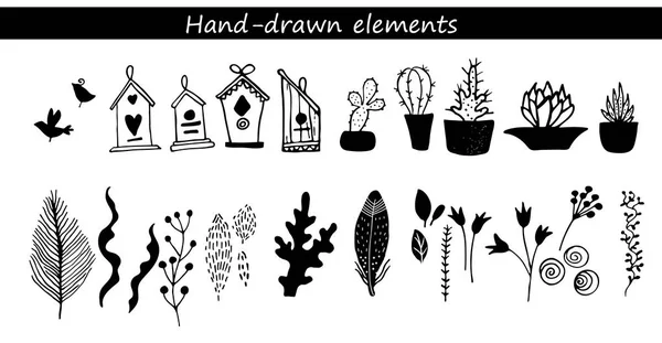 手绘花卉和植物的收集 — 图库矢量图片