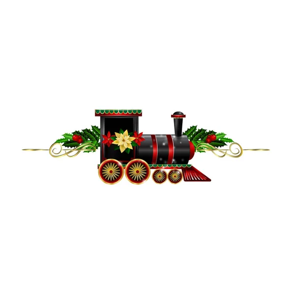 Little Christmas train with wagons decorated red ribbon Vector — Stock Vector