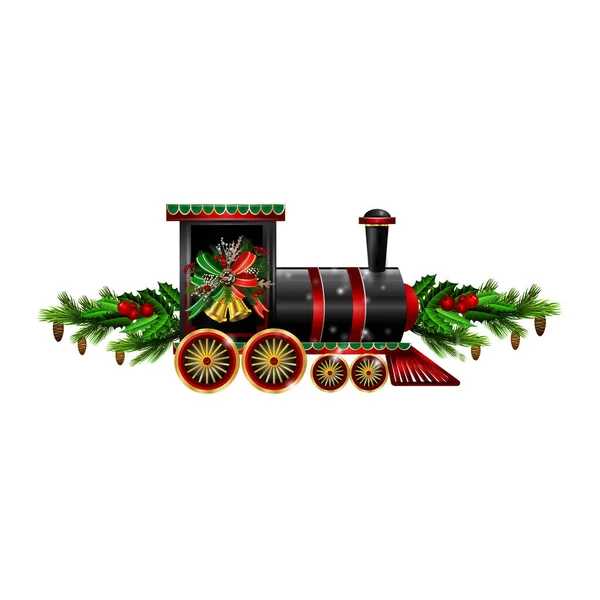 Little Christmas train with wagons decorated red ribbon Vector — Stock Vector