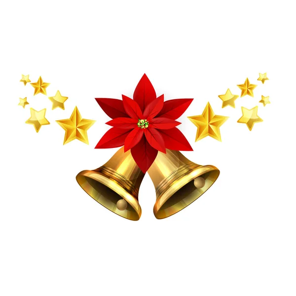 Illustrazione vettoriale di luccicanti campane di Natale dorate decorate con fiocco rosso poinsettia — Vettoriale Stock