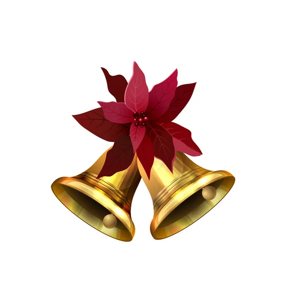 Illustration vectorielle de cloches de Noël dorées brillantes décorées de poinsettia arc rouge — Image vectorielle