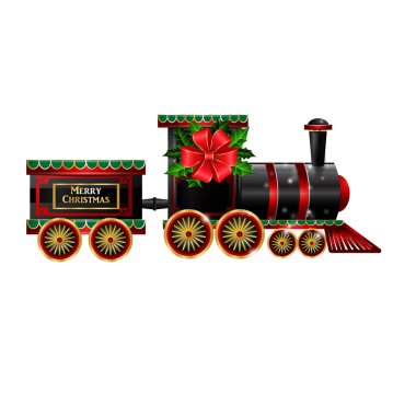Kırmızı kurdeleli arabalı küçük bir Noel treni.