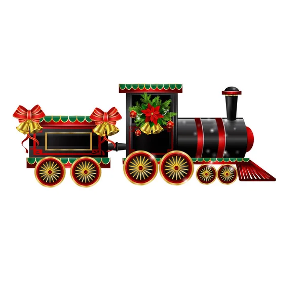 Mały pociąg świąteczny z wagonami ozdobione czerwoną wstążką Vector — Wektor stockowy