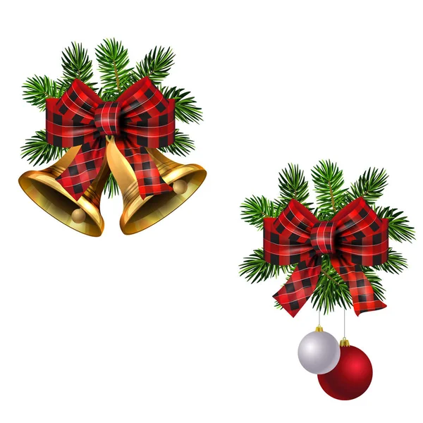 Christmas decorations with fir tree golden jingle bells — Stock Vector