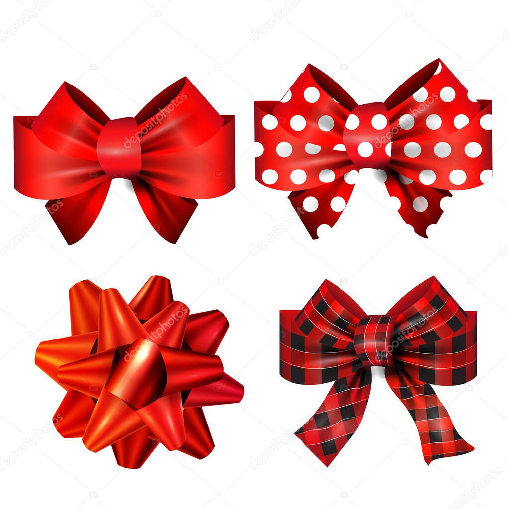 Big set of red gift bows with ribbons. Vector