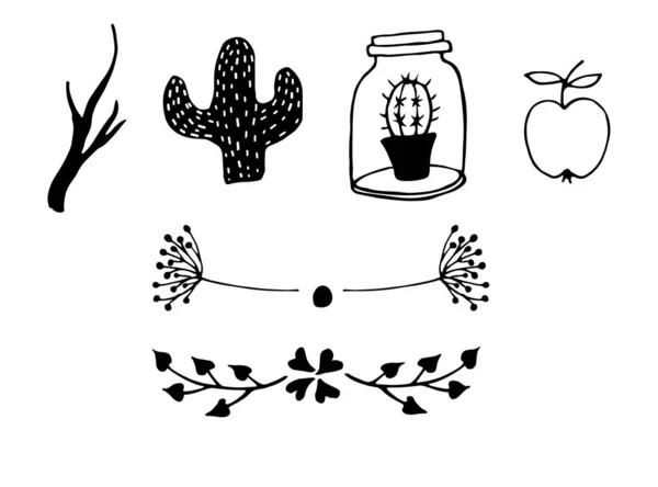 Conjunto de flores gráficas dibujadas a mano en blanco y negro — Archivo Imágenes Vectoriales