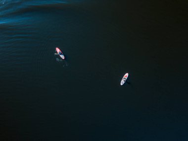 İki kano teknesi Dinyeper Nehri boyunca yol alıyor. Güneşli yaz günü, hava aracı manzarası.