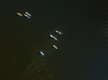 Kano tekneleri Dinyeper Nehri boyunca yelken açar. Güneşli bir yaz günü, hava aracı atışı.