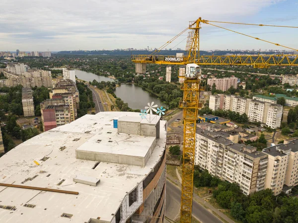 Aerial drone view. Construction site of modern residential area in Kyiv