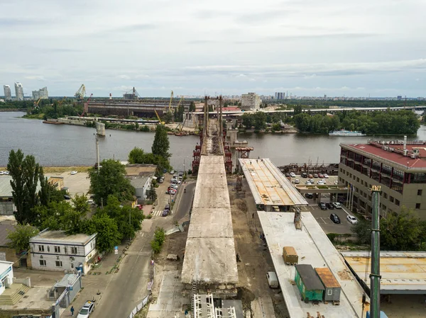 Vista Aérea Del Dron Reconstrucción Puente Sobre Río Dniéper Kiev — Foto de Stock