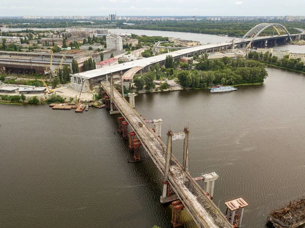 Vue Aérienne Sur Drone Reconstruction Pont Sur Fleuve Dniepr Kiev — Photo