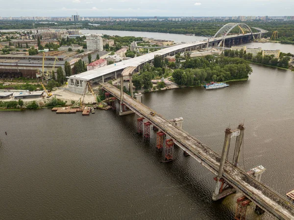 Veduta Aerea Del Drone Ricostruzione Ponte Sul Fiume Dnieper Kiev — Foto Stock