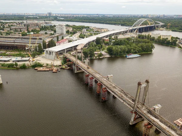 Flygdrönare Rekonstruktion Bro Över Floden Dnepr Kiev — Stockfoto