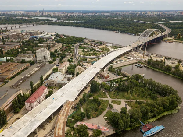 Vue Aérienne Sur Drone Construction Pont Sur Fleuve Dniepr Kiev — Photo