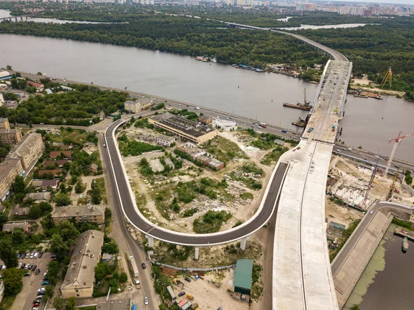 Aerial Drone View Construction Bridge Dnieper River Kiev — Stock Photo, Image