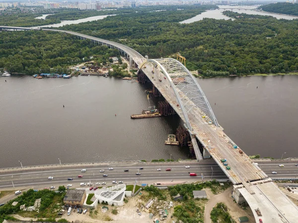 Flygdrönare Byggande Bro Över Floden Dnepr Kiev — Stockfoto