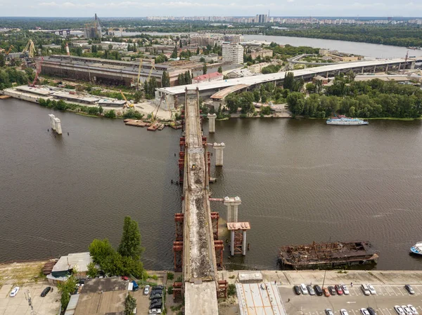 Aerial Drone View Unfinished Construction Bridge Dnieper River Kiev — Stock Photo, Image