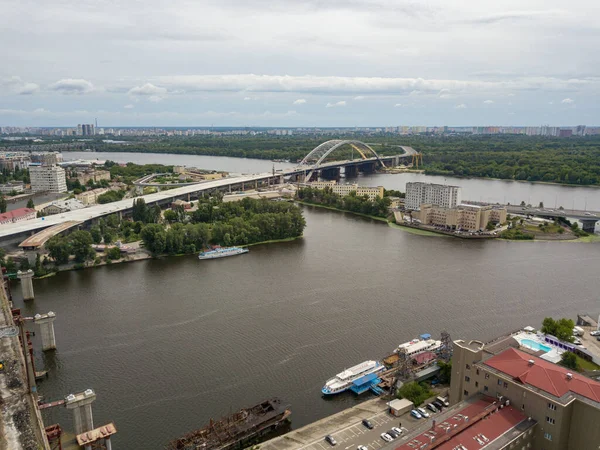 Widok Lotu Ptaka Niedokończona Budowa Mostu Nad Dnieprem Kijowie — Zdjęcie stockowe