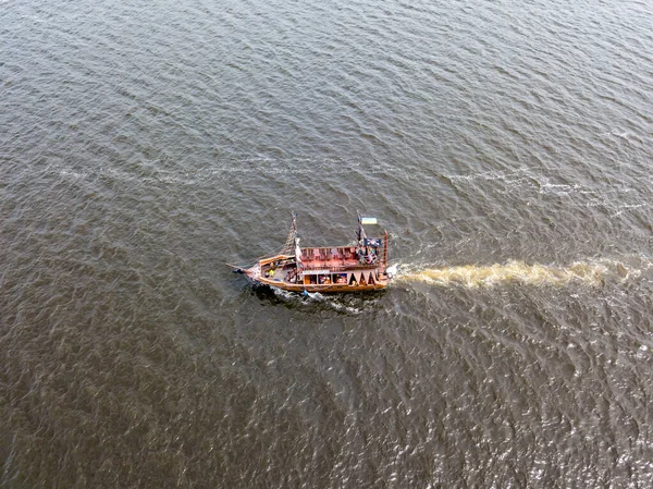 Aerial Drone View Pirate Motor Boat Sails Dnieper River Kiev — Stock Photo, Image