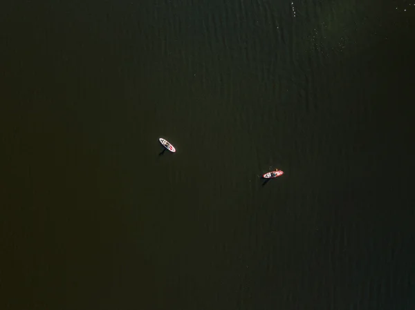 Two Kayak Boats Sailing Dnieper River Sunny Summer Day Aerial — Stock Photo, Image