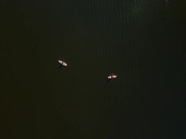 Two Kayak Boats Sailing Dnieper River Sunny Summer Day Aerial — Stock Photo, Image