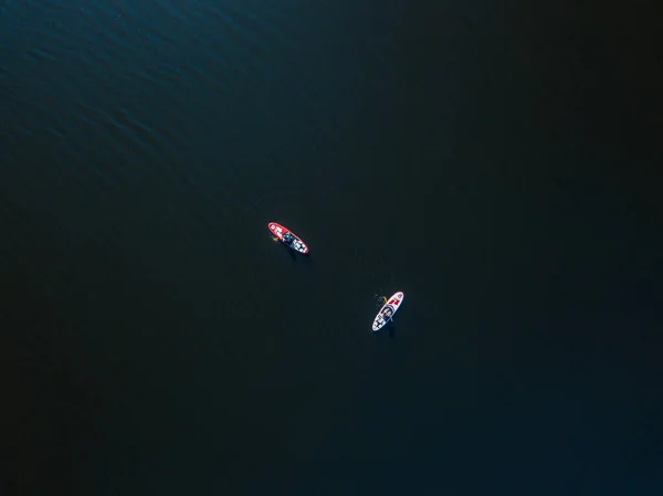 Deux Kayaks Naviguent Long Dniepr Journée Ensoleillée Été Vue Aérienne — Photo