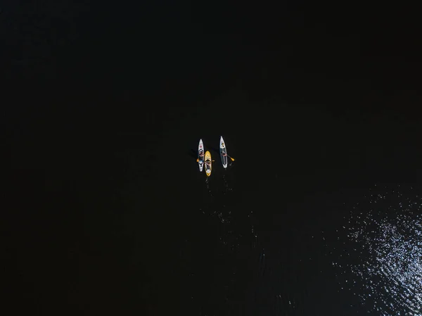 Three Kayak Boats Sailing Dnieper River Sunny Summer Day Aerial — Stock Photo, Image