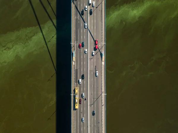 Автомобили Едут Северному Мосту Киеве Зеленые Цветущие Водоросли Днепре Жаркий — стоковое фото