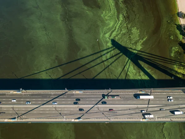 Bilar Färdas Längs Nordbron Kiev Gröna Blommande Alger Floden Dnepr — Stockfoto