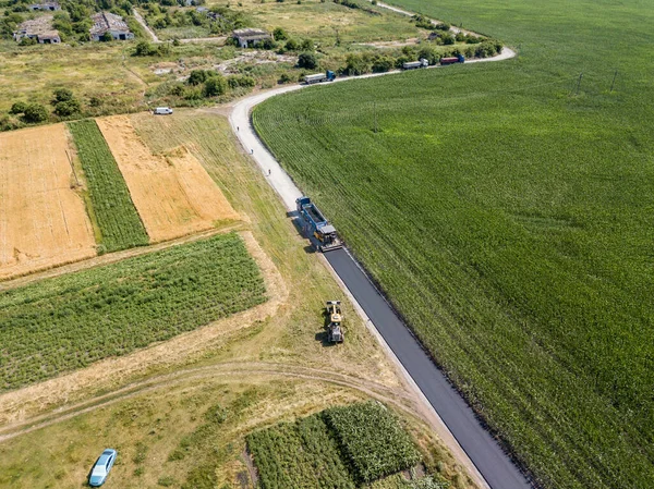 Vue Aérienne Sur Drone Construction Une Route Asphaltée Côté Champ — Photo