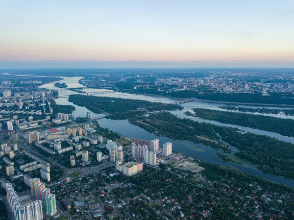 Západ Slunce Nad Řekou Dněpru Kyjevě Zobrazení Leteckých Dronů — Stock fotografie