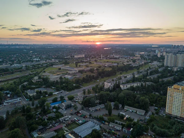 Zonsondergang Rivier Dnjepr Kiev Luchtdrone Zicht — Stockfoto