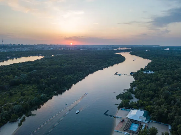 Захід Сонця Над Дніпром Києві Повітряний Дрон — стокове фото