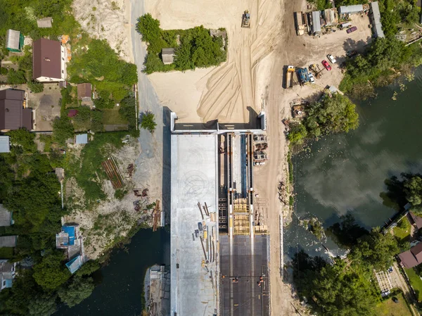 Budowa Mostu Przez Rzekę Dniepr Kijowie Widok Drona Powietrza — Zdjęcie stockowe
