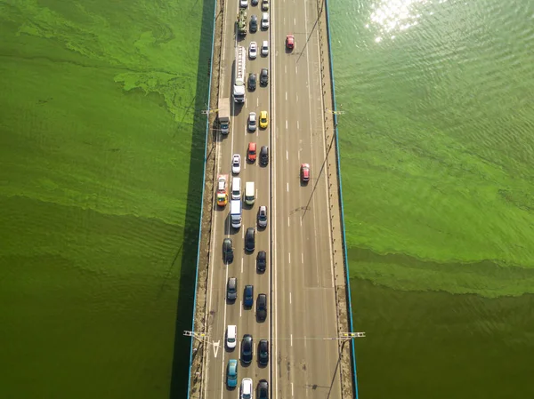 汽车沿着基辅第聂伯河上的北桥行驶 夏日阳光明媚 绿藻在水里盛开 — 图库照片
