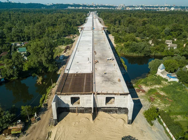 Bouw Van Een Brug Dnjepr Kiev Luchtdrone Zicht — Stockfoto