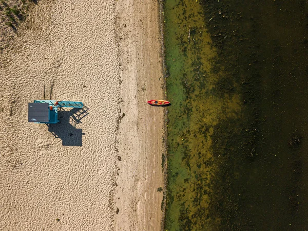 Flygdrönare Båt Sandstrand Vid Floden Dnepr Kiev — Stockfoto