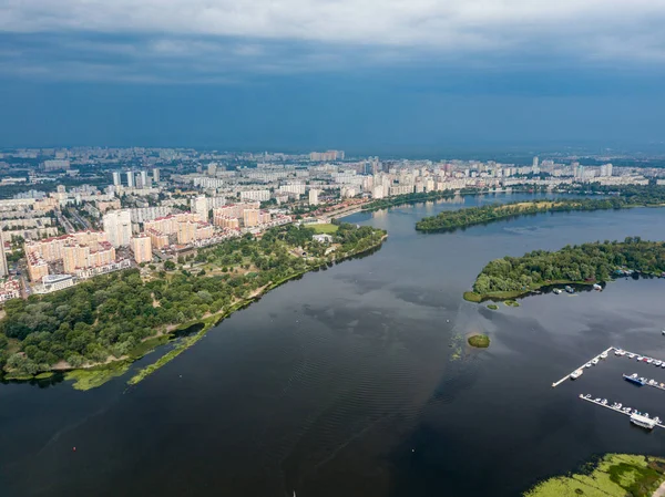 Luchtfoto Van Rivier Dnjepr Stad Kiev Van Bovenaf Zomer Zonnige — Stockfoto