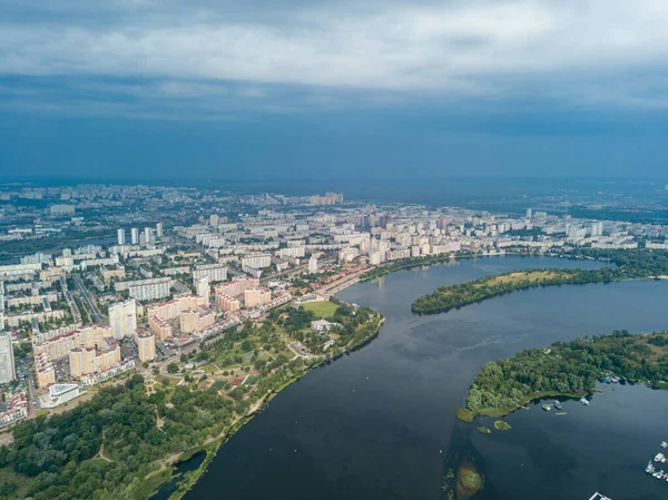 Luchtfoto Van Rivier Dnjepr Stad Kiev Van Bovenaf Zomer Zonnige — Stockfoto