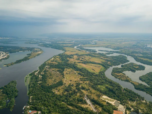 Vista Aérea Del Río Dniéper Ciudad Kiev Desde Arriba Día —  Fotos de Stock