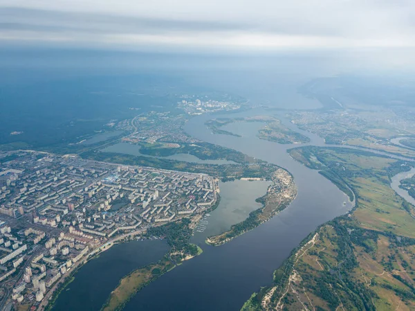 Vista Aérea Del Río Dniéper Ciudad Kiev Desde Arriba Día — Foto de Stock